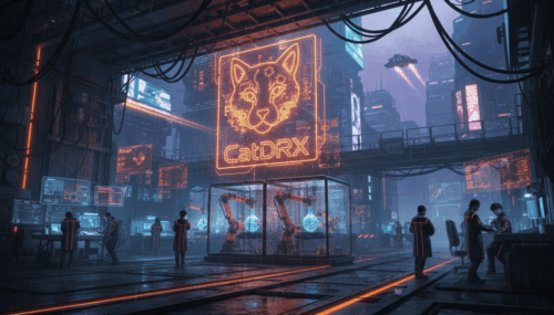 Neon-lit futuristic city with AI-powered robotic research stations and digital displays.