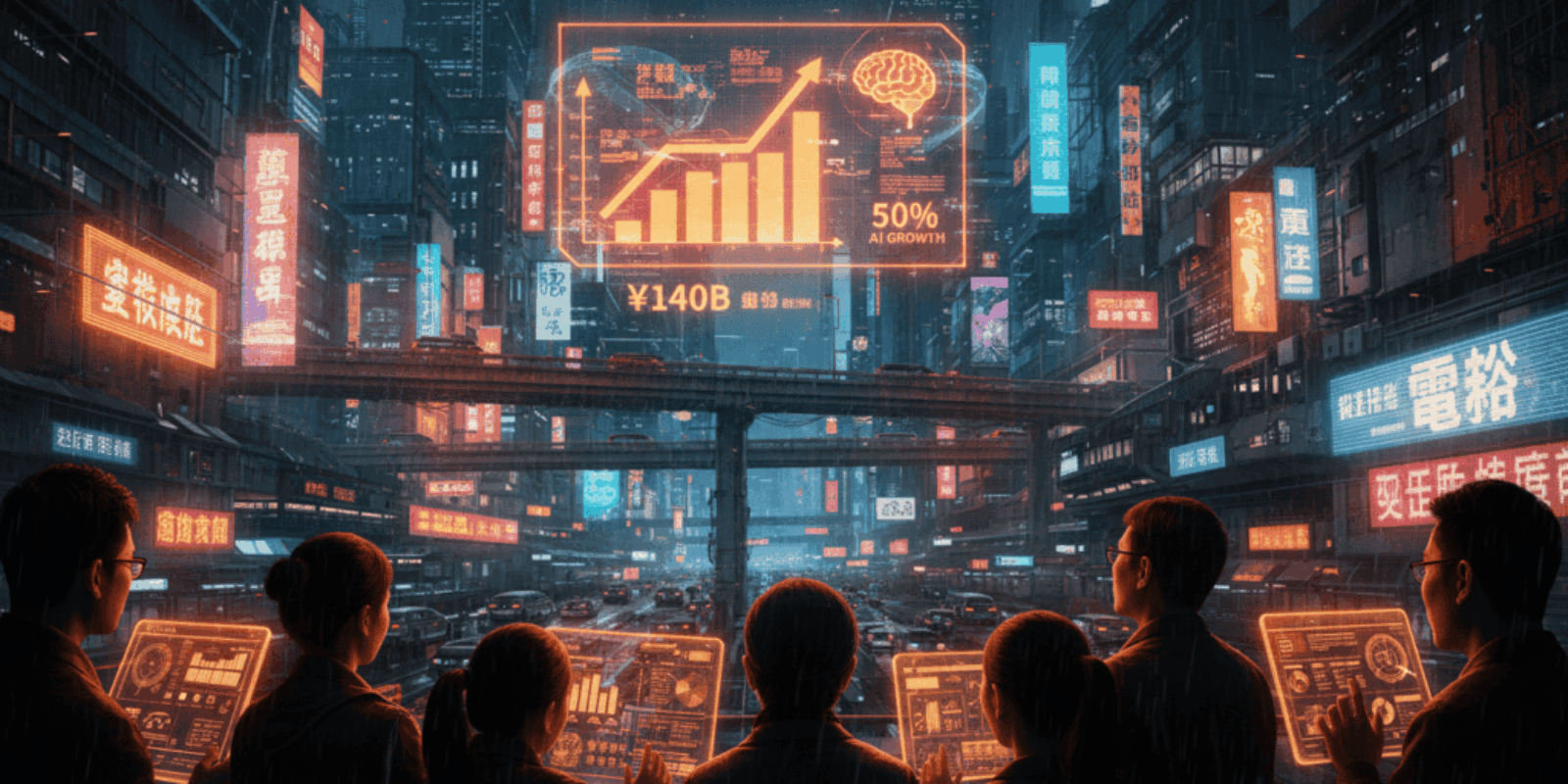 Business professionals analyzing AI market growth in futuristic cityscape.