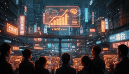 Business professionals analyzing AI market growth in futuristic cityscape.