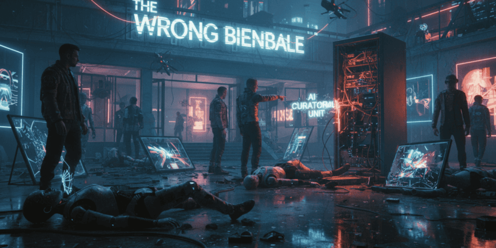 Futuristic art scene with AI and robots at The Wrong Biennale exhibition.