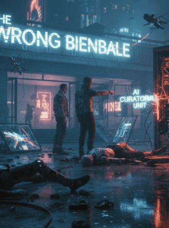 Futuristic art scene with AI and robots at The Wrong Biennale exhibition.