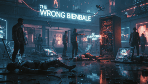 Futuristic art scene with AI and robots at The Wrong Biennale exhibition.