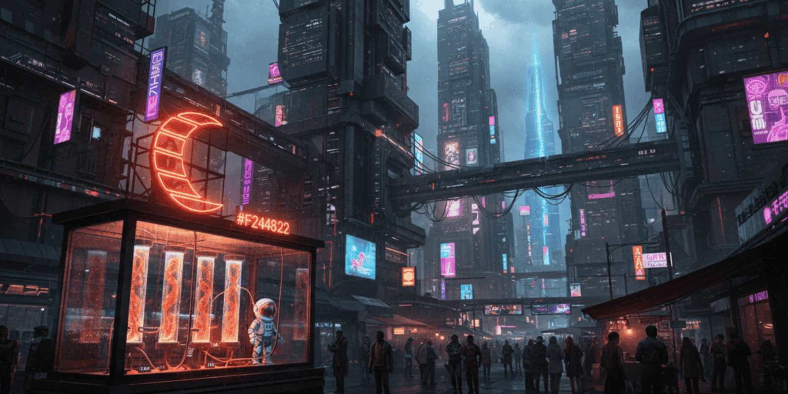 A vibrant cyberpunk city scene featuring towering skyscrapers, neon signs, and a busy street with pe.