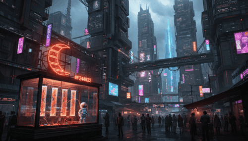 A vibrant cyberpunk city scene featuring towering skyscrapers, neon signs, and a busy street with pe.