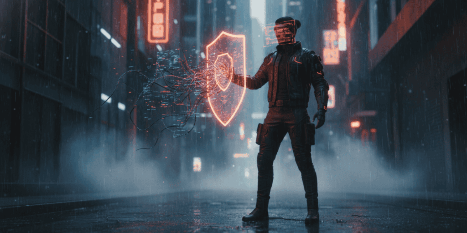 Futuristic hacker using AI-powered shield to prevent cyber threats in a digital cityscape.