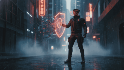 Futuristic hacker using AI-powered shield to prevent cyber threats in a digital cityscape.