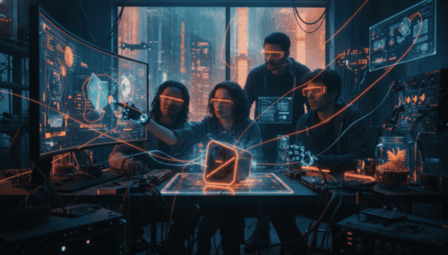 High-tech team analyzing digital data on multiple screens in a modern, high-tech environment.