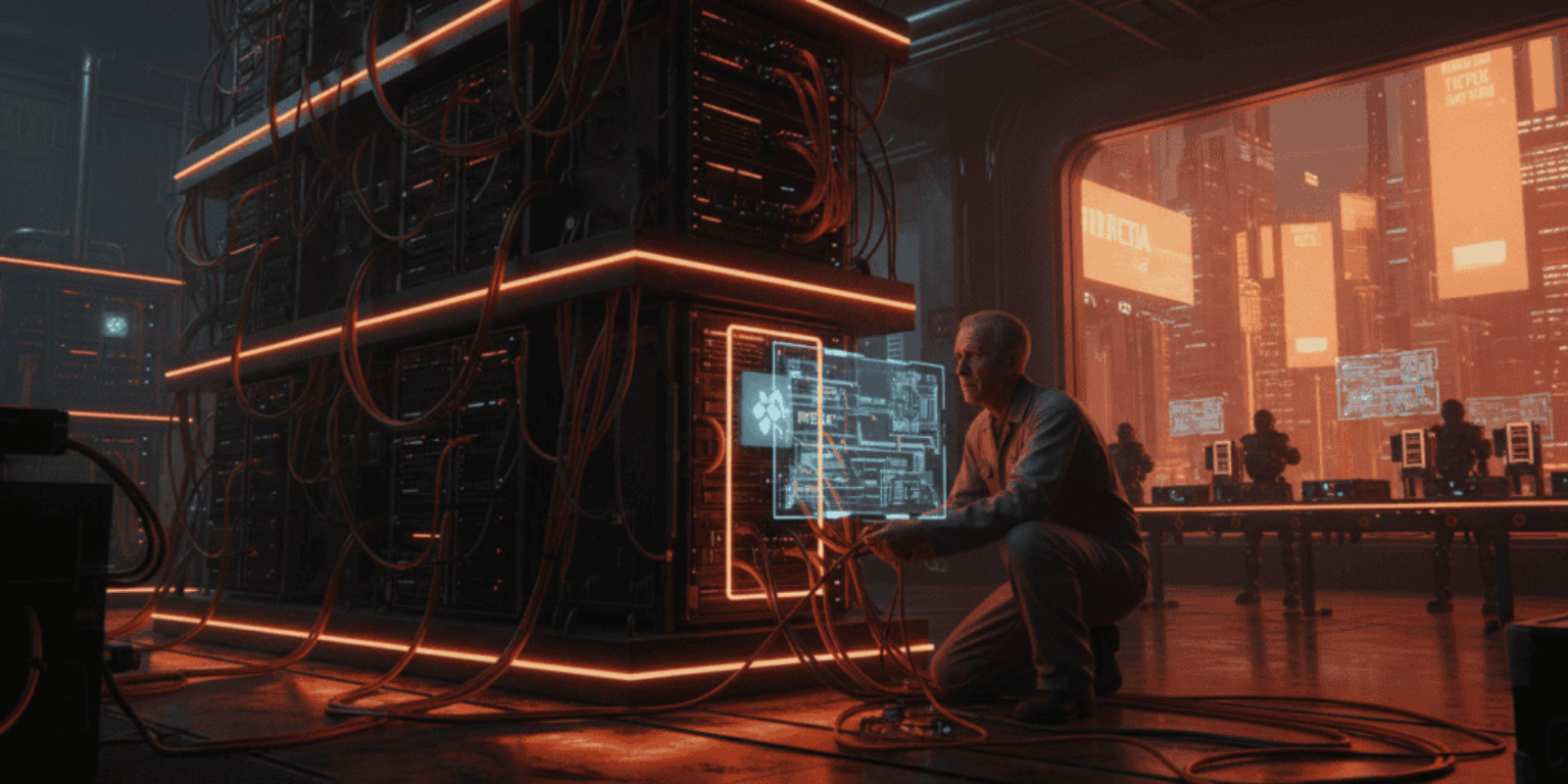 Data center technician working on AI hardware with advanced servers and digital interfaces.