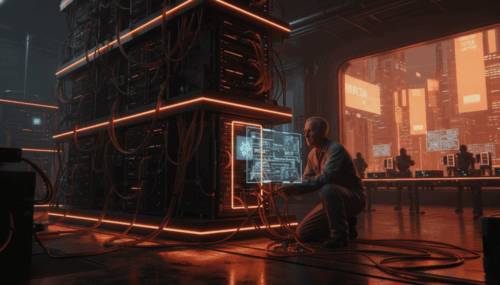 Data center technician working on AI hardware with advanced servers and digital interfaces.