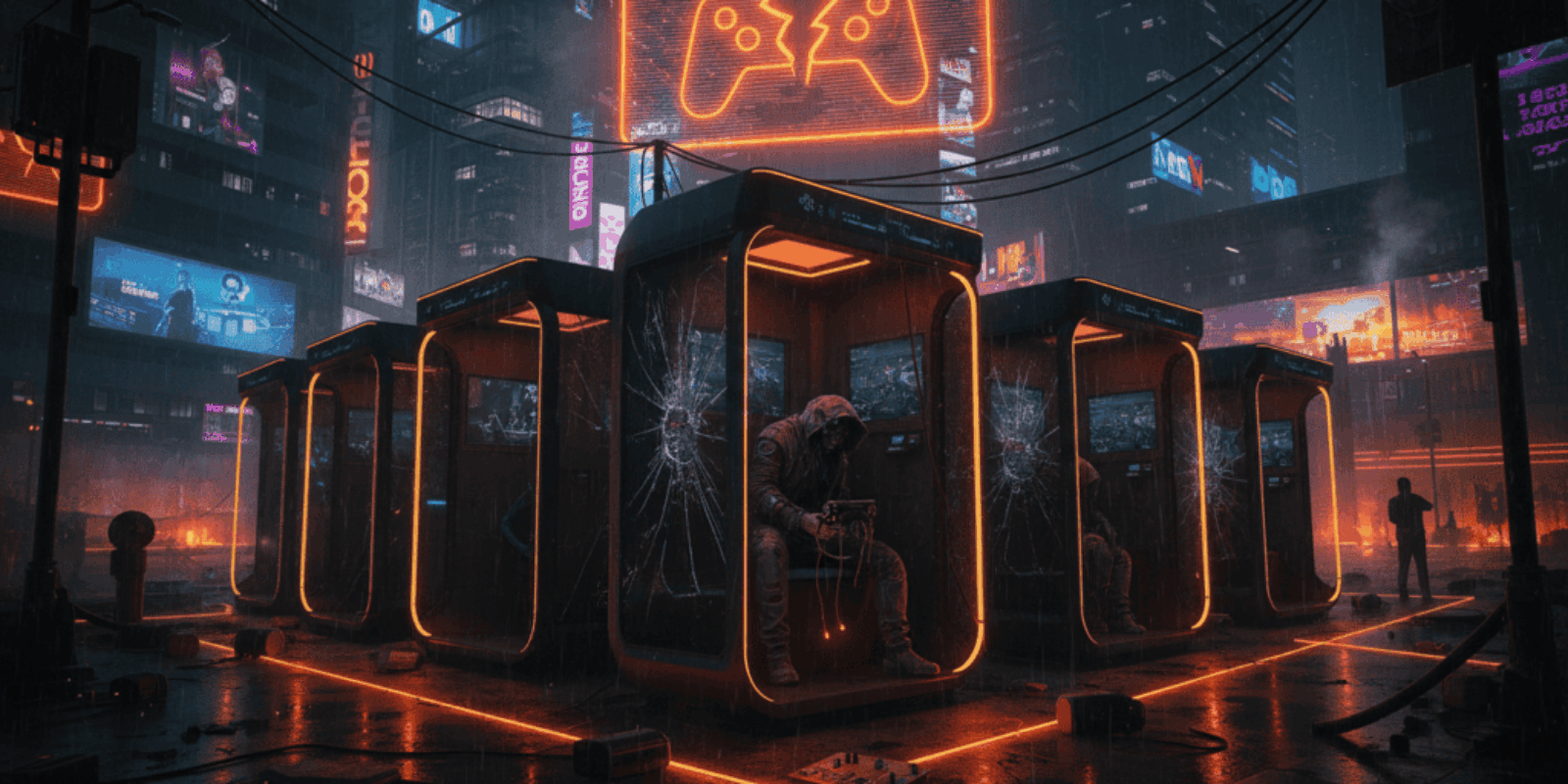 Immersive VR gaming booths with neon lighting in a cyberpunk-inspired urban environment.