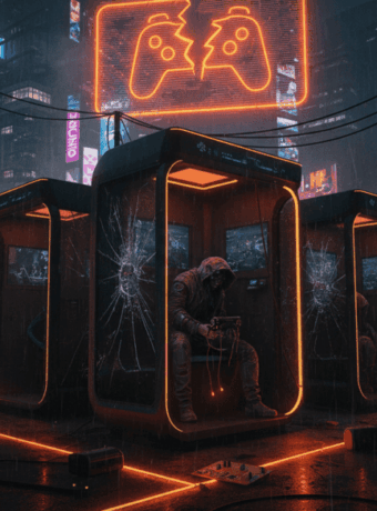 Immersive VR gaming booths with neon lighting in a cyberpunk-inspired urban environment.