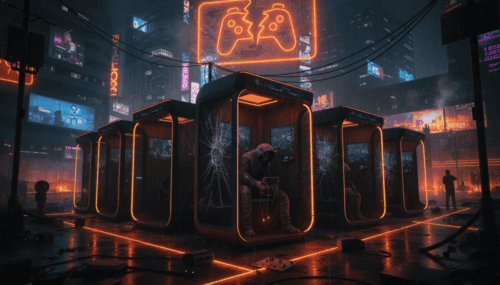 Immersive VR gaming booths with neon lighting in a cyberpunk-inspired urban environment.