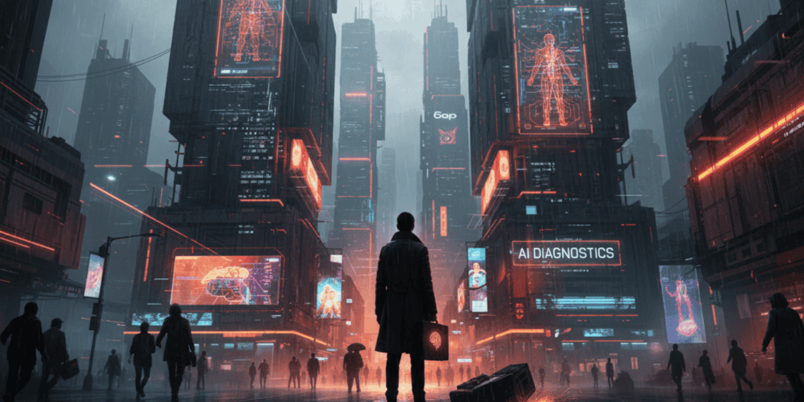 Futuristic cityscape with AI diagnostics and digital billboards.