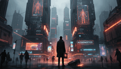 Futuristic cityscape with AI diagnostics and digital billboards.