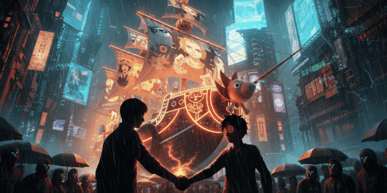 A vibrant, animated scene of two people shaking hands in a bustling, neon-lit city with floating scr.