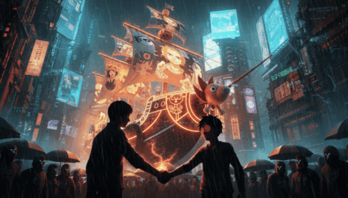 A vibrant, animated scene of two people shaking hands in a bustling, neon-lit city with floating scr.