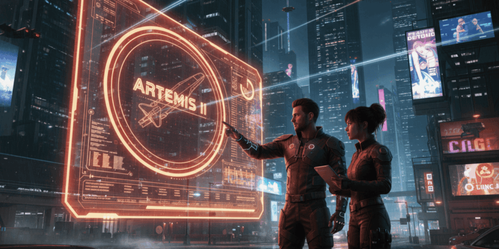 Two professionals monitor Artemis II live tracker in a futuristic cityscape.