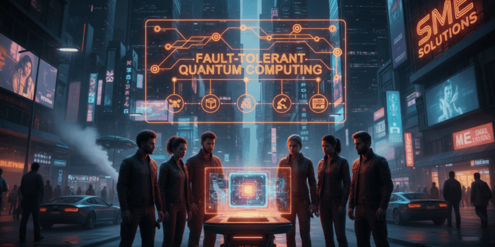 Group of professionals exploring fault-tolerant quantum computing in a futuristic cityscape.