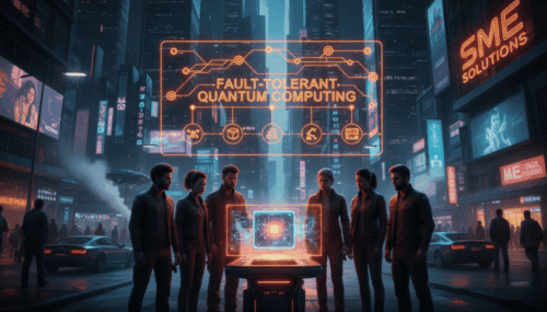 Group of professionals exploring fault-tolerant quantum computing in a futuristic cityscape.