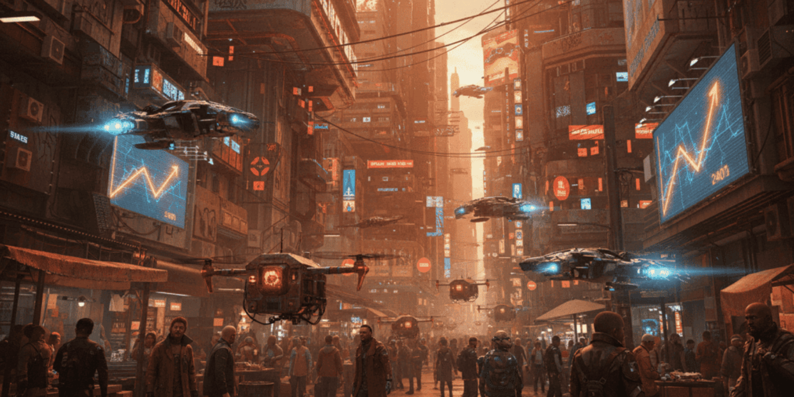 Futuristic cityscape with flying drones and digital billboards in a cyberpunk setting.