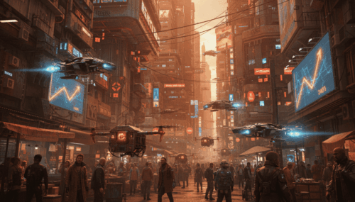 Futuristic cityscape with flying drones and digital billboards in a cyberpunk setting.
