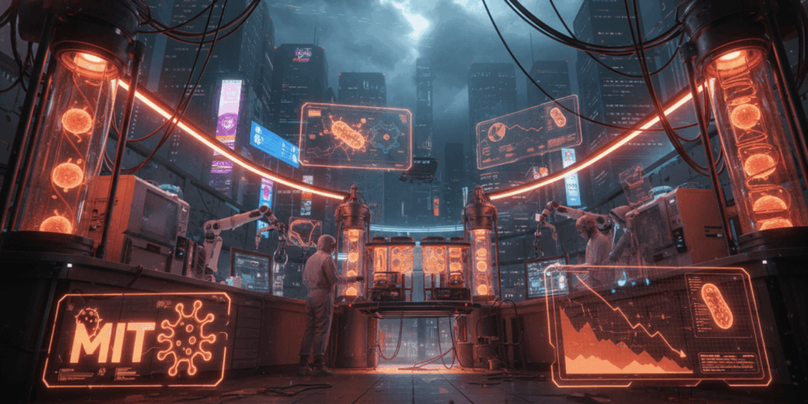 Futuristic biotech laboratory featuring CRISPR technology and digital data displays.