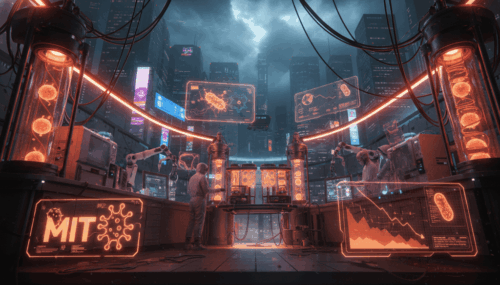 Futuristic biotech laboratory featuring CRISPR technology and digital data displays.