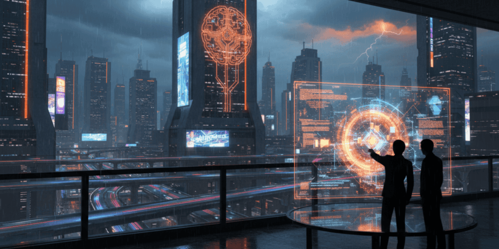 Futuristic cityscape with holographic AI interfaces and lightning, highlighting AI innovation for sm.