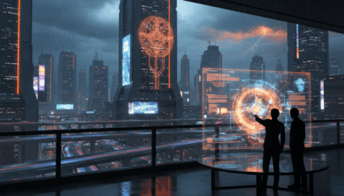 Futuristic cityscape with holographic AI interfaces and lightning, highlighting AI innovation for sm.
