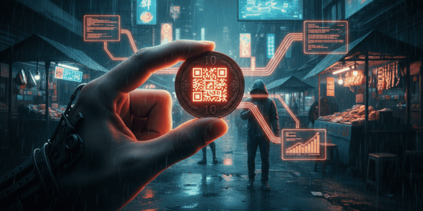 Close-up of a 10 Peso coin with QR code for digital payments in a busy city street.