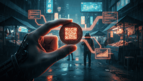 Close-up of a 10 Peso coin with QR code for digital payments in a busy city street.