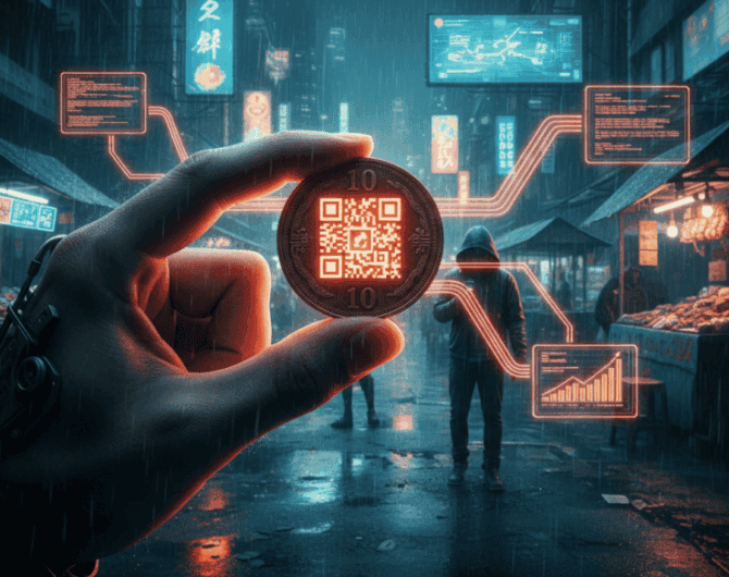 Close-up of a 10 Peso coin with QR code for digital payments in a busy city street.