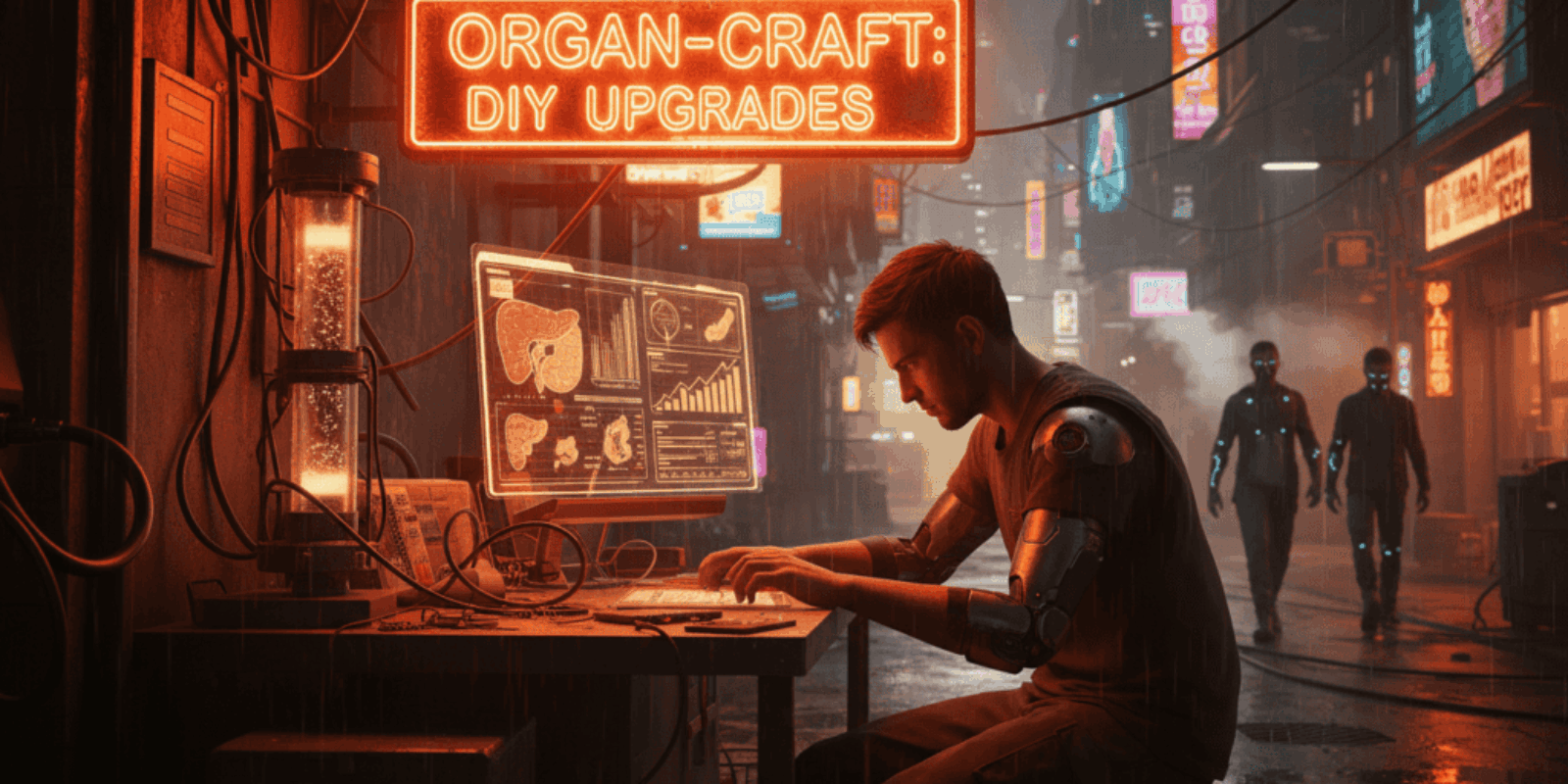 Cyberpunk scene with a person working on organ-crafting upgrades at night.