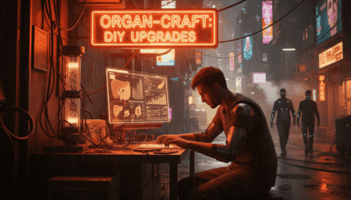 Cyberpunk scene with a person working on organ-crafting upgrades at night.