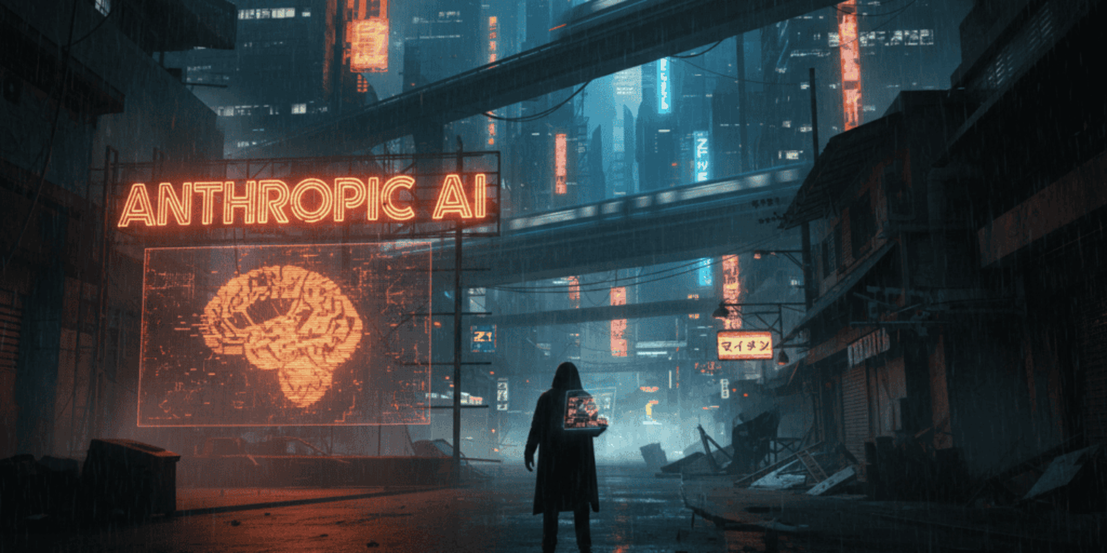 Futuristic cityscape with neon signs highlighting "Anthropic AI" and digital brain, symbolizing AI's.