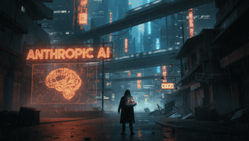 Futuristic cityscape with neon signs highlighting "Anthropic AI" and digital brain, symbolizing AI's.