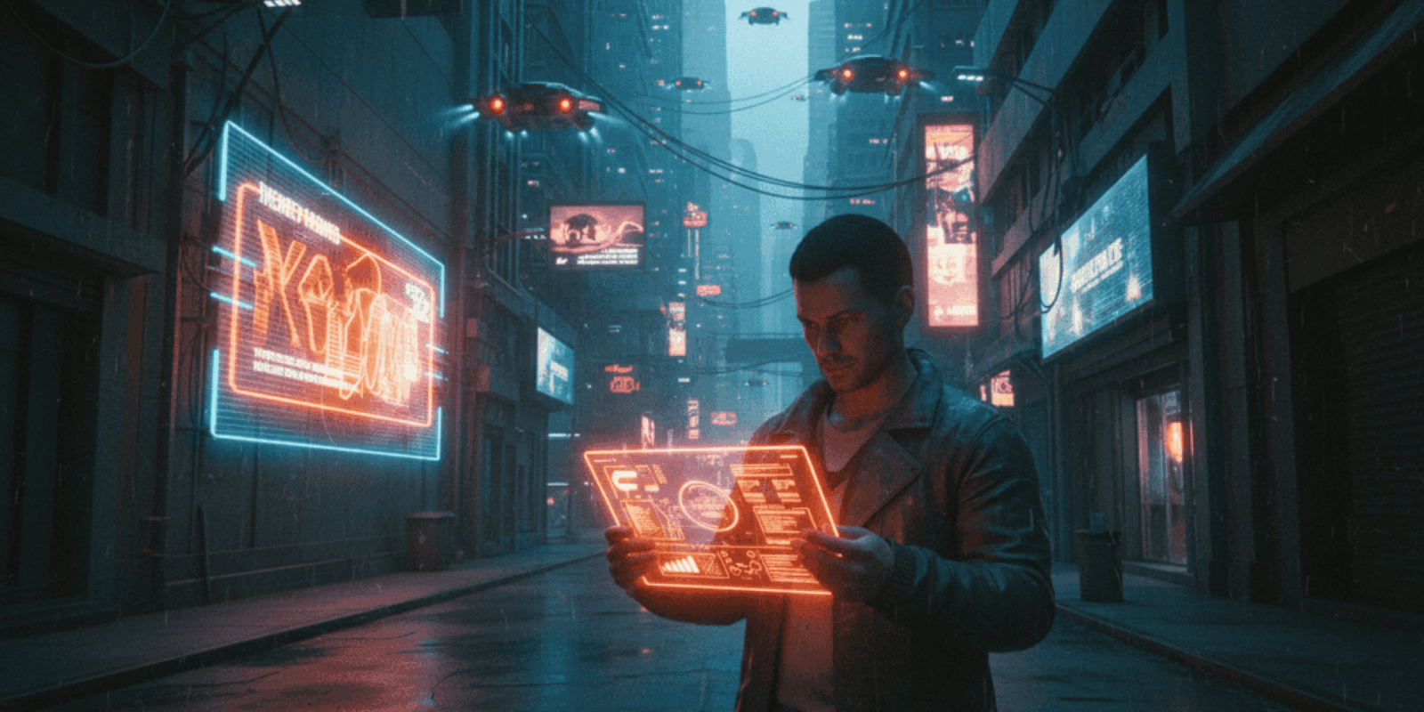 Young man using futuristic holographic AI technology in a city street at night.