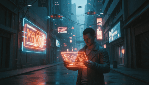 Young man using futuristic holographic AI technology in a city street at night.