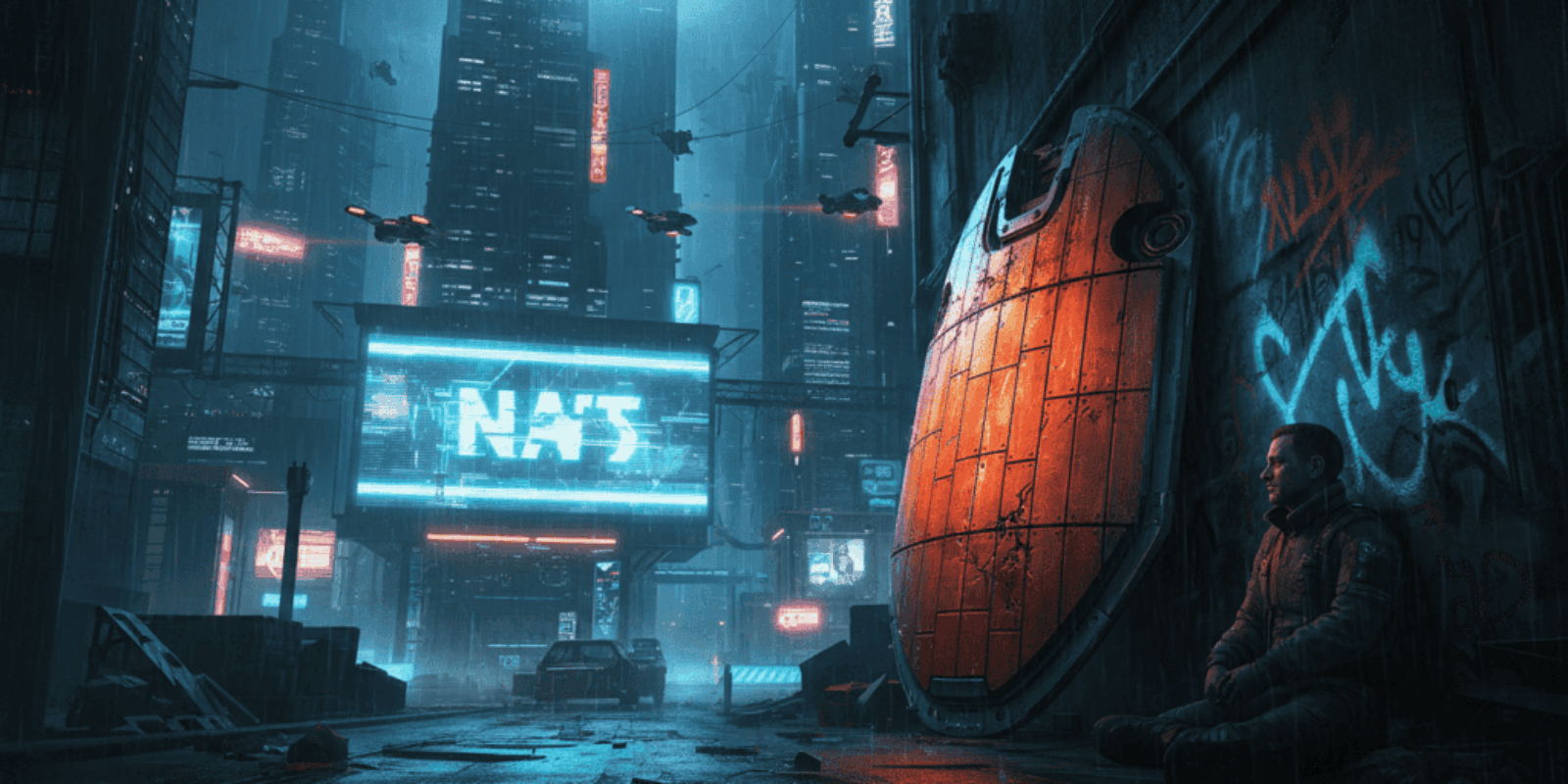 Futuristic cyberpunk city with neon lights and a person sitting near a large, glowing door.