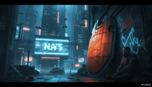 Futuristic cyberpunk city with neon lights and a person sitting near a large, glowing door.