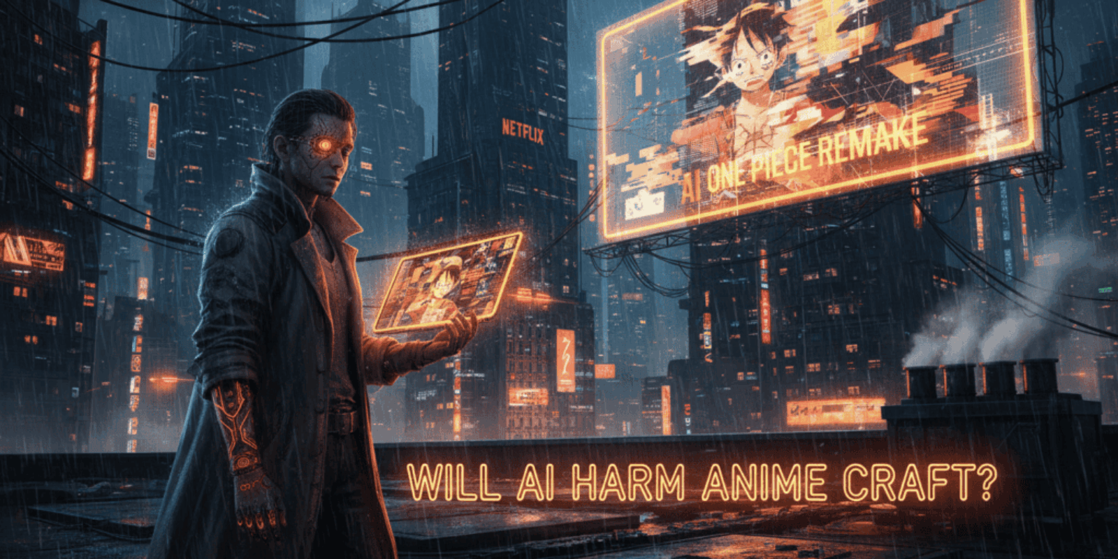 Futuristic scene with a person using AI tech to analyze anime content in a cyberpunk city.