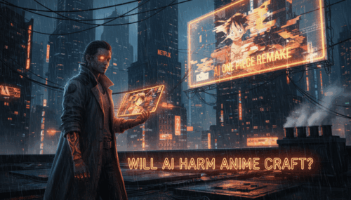 Futuristic scene with a person using AI tech to analyze anime content in a cyberpunk city.