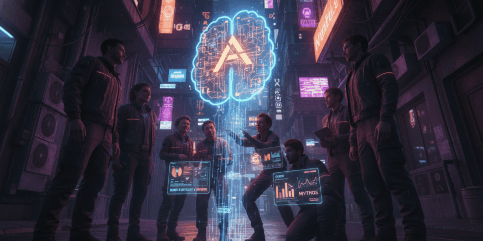 Group of young professionals analyzing AI data in a neon-lit urban environment.