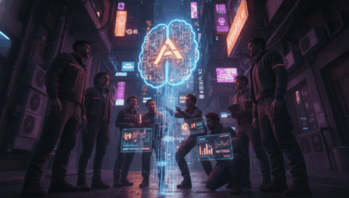 Group of young professionals analyzing AI data in a neon-lit urban environment.