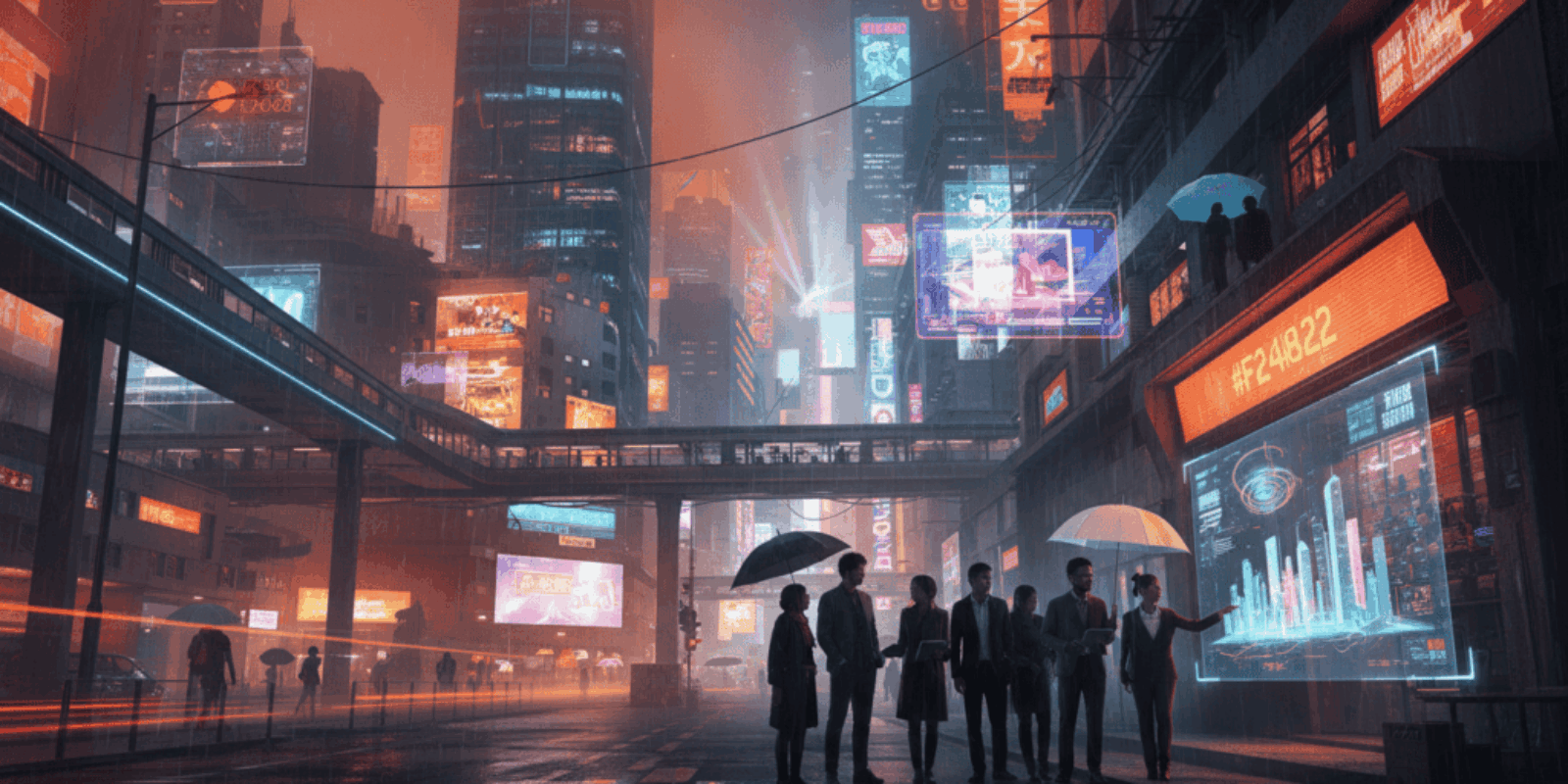 Modern Hong Kong cityscape with neon lights and digital billboards in a rainy, futuristic setting.