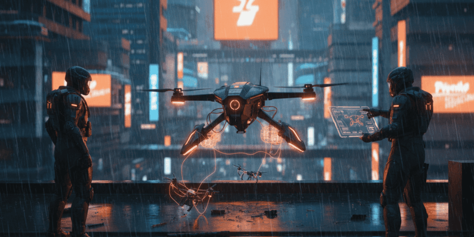 Advanced drone interceptor monitoring small team security.