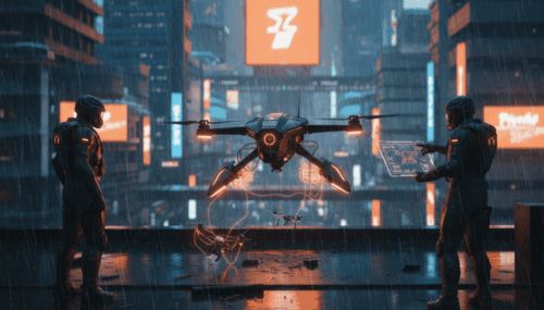 Advanced drone interceptor monitoring small team security.