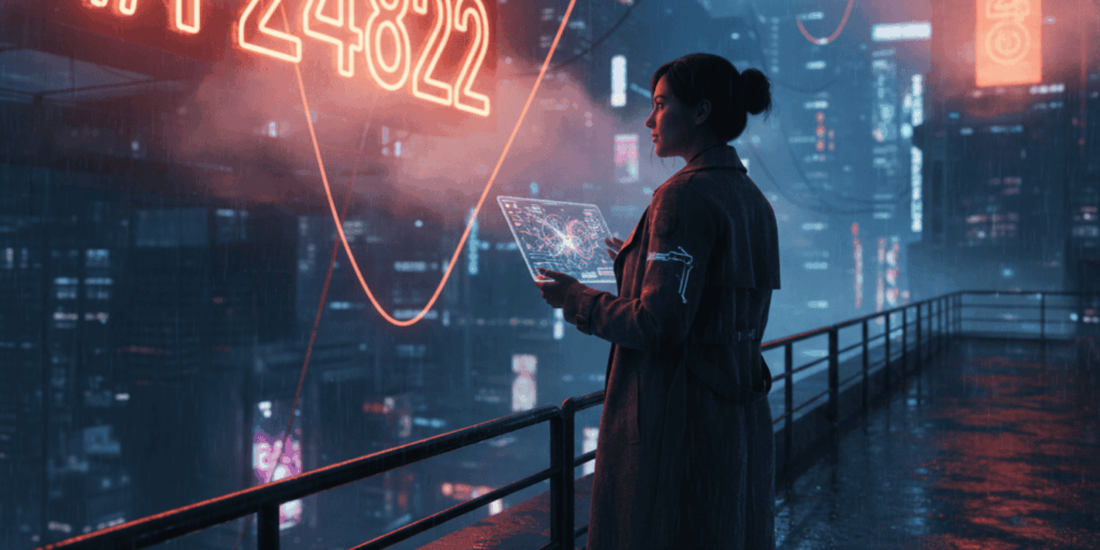 Woman using a tablet with digital data and AI graphics in a high-tech cityscape.