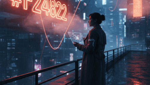 Woman using a tablet with digital data and AI graphics in a high-tech cityscape.