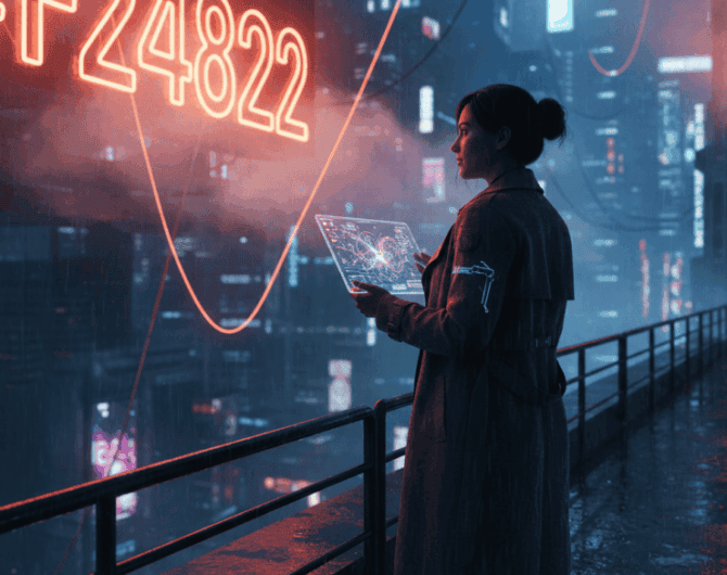 Woman using a tablet with digital data and AI graphics in a high-tech cityscape.
